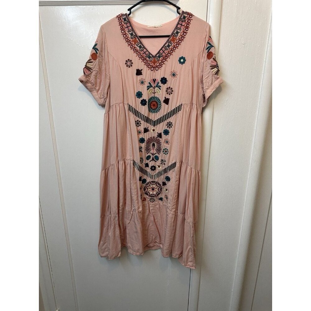 Orange Creek‎ Peach Embroidered Sheath Dress Cottagecore Boho Hippie S/M